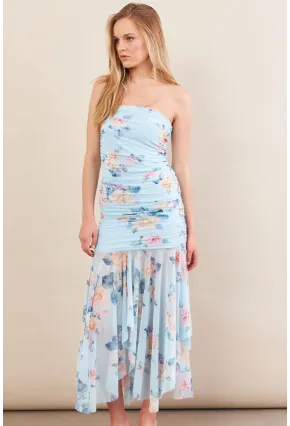 Kadın Bebe Mavi Drapeli Straplez Midi Tül Elbise ERL101