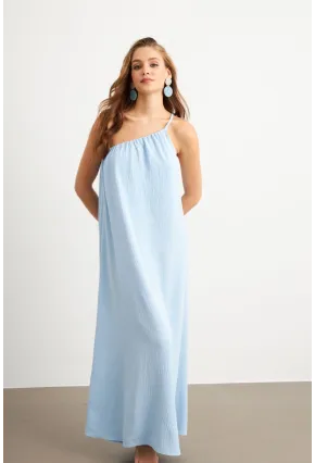 Kadın Bebe Mavi Tek Omuz Maxi Elbise İRE1012