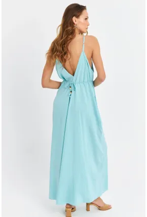 Kadın Bebe Mavi Ön Arka V Cepli Salaş Midi Elbise PC10758