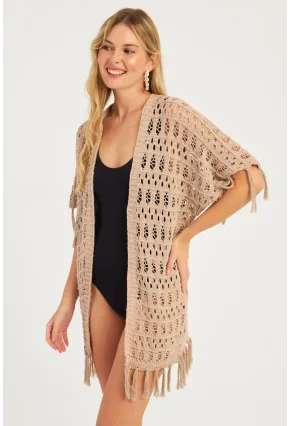 Kadın Bej Ajurlu Püsküllü Hırka YV224