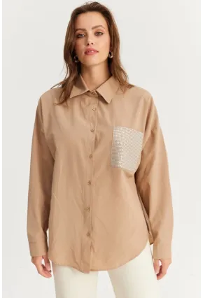 Kadın Bej Cepli Taşlı Gömlek ZER414