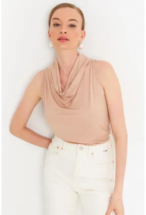 Kadın Bej Sırt Pencereli Desenli Bluz LPP1021