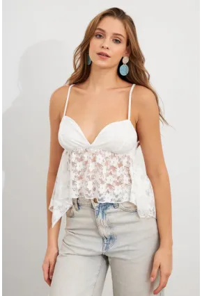 Kadın Beyaz Askılı Dantel Crop Bluz MTK13458