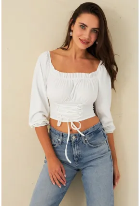 Kadın Beyaz Bağlama Detaylı Crop Bluz CG387