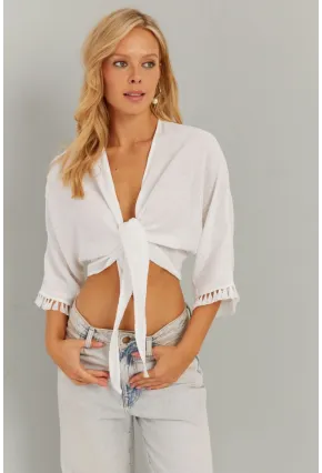 Kadın Beyaz Bağlamalı Bluz KS034