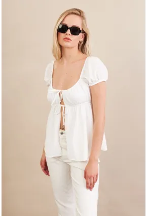 Kadın Beyaz Bağlamalı Rustik Bluz ZH128