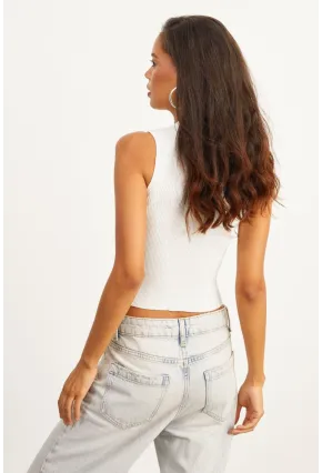 Kadın Beyaz Bisiklet Yaka Triko Bluz YV91