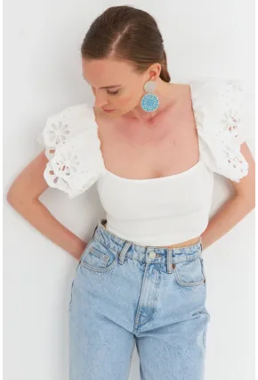 Kadın Beyaz Brode Crop Bluz TPG08