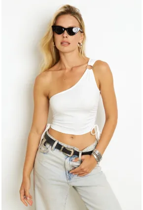 Kadın Beyaz Büzgülü Crop Bluz CG352