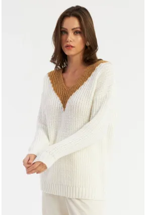 Kadın Beyaz-Camel V Yaka Triko Kazak SMT2434