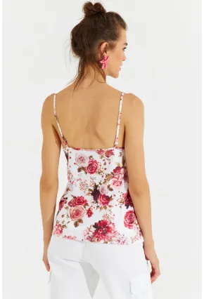 Kadın Beyaz Dantelli Askılı Çiçekli Bluz LPP1227