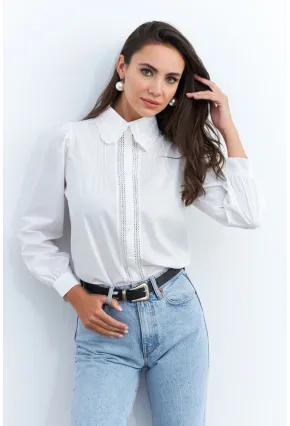 Kadın Beyaz Dantelli Balon Kol Gömlek MQS2492