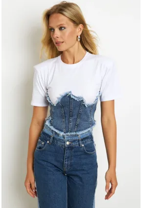 Kadın Beyaz Denim Bloklu Vatkalı  Bluz YZ636