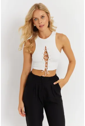 Kadın Beyaz Detaylı Crop Bluz AYD375
