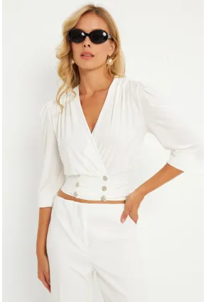 Kadın Beyaz Düğme Detaylı Kruvaze Bluz ELT3188