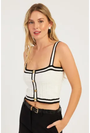 Kadın Beyaz Düğme Detaylı Triko Crop Bluz MSS134