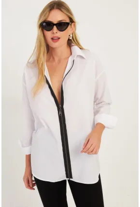 Kadın Beyaz Fermuarlı Gömlek  KPN08