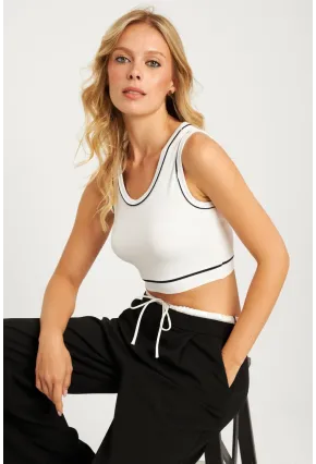 Kadın Beyaz Fitilli Crop Bluz CG359