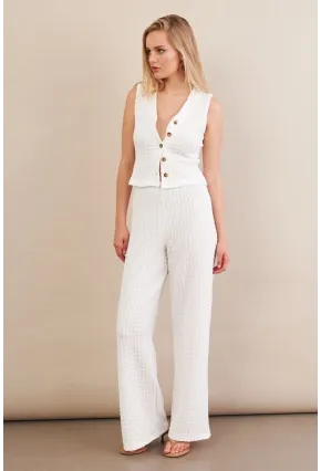 Kadın Beyaz Gofre Yelek Pantalon Takım FLU330