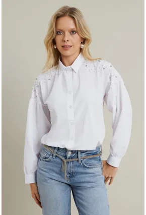 Kadın Beyaz İncili Balon Kol Gömlek MASF16