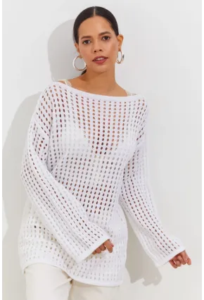 Kadın Beyaz İspanyol Kol Ajurlu Triko Uzun Bluz SMT198