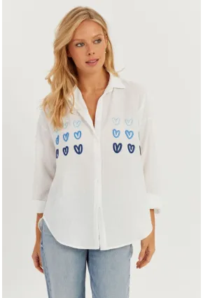 Kadın Beyaz Kalp Nakışlı Gömlek PP5391