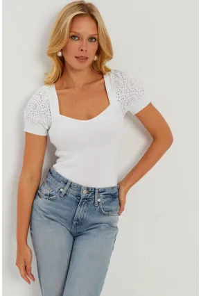 Kadın Beyaz Kalp Taka Triko Bluz SMT228