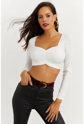 Kadın Beyaz Kalp Yaka Crop Bluz CG260