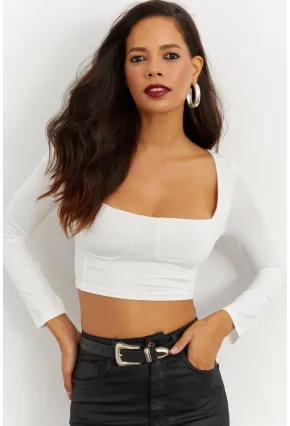 Kadın Beyaz Kare Yaka Crop Bluz CG263