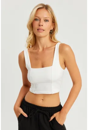 Kadın Beyaz Kare Yaka Crop Bluz CG348