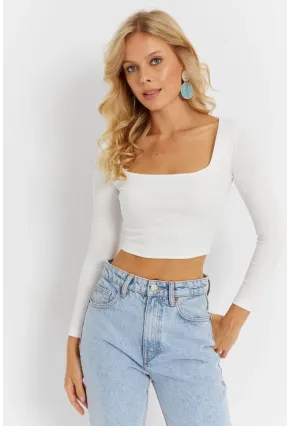 Kadın Beyaz Kare Yaka Crop Bluz CG362