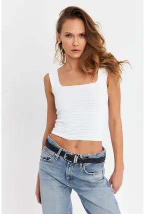 Kadın Beyaz Kare Yaka Triko Bluz SE8