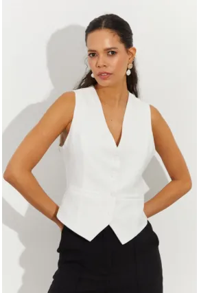 Kadın Beyaz Keten Astarlı Yelek TW60046