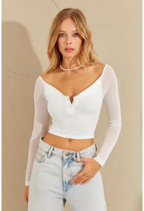 Kadın Beyaz Kolları Tül Crop Bluz CG315
