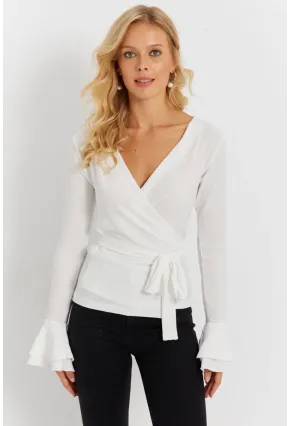 Kadın Beyaz Kruvaze Bürümcük Bluz EY2866