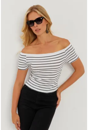 Kadın Beyaz Madonna Yaka Çizgili Kaşkorse Bluz AYD311