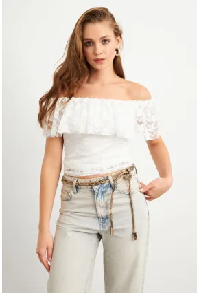 Kadın Beyaz Madonna Yaka Dantel Bluz MTK13549