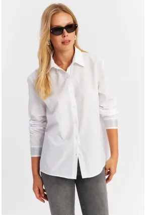 Kadın Beyaz Manşeti Taşlı Gömlek MZER415
