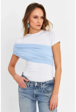 Kadın Beyaz-Mavi Çapraz Bloklu Bluz EY3073