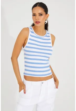 Kadın Beyaz-Mavi Çizgili Kaşkorse Bluz TSC126