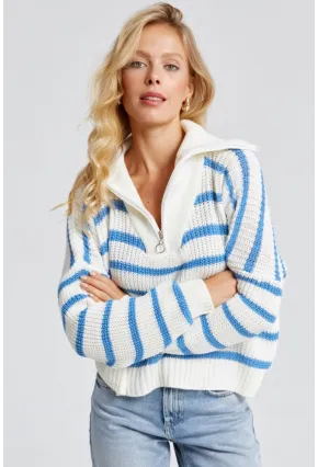 Kadın Beyaz-Mavi Fermuarlı Çizgili Kazak MSS133