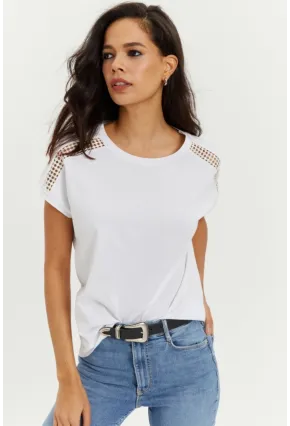 Kadın Beyaz Omuzları Dantel Salaş T-Shirt Yİ2442