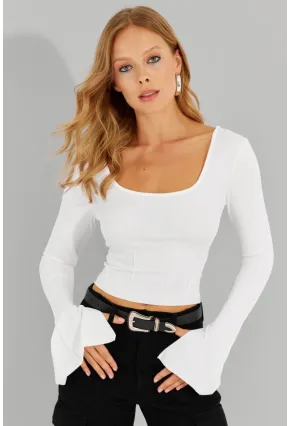 Kadın Beyaz Ön Arka U Crop Bluz CG302