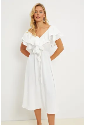 Kadın Beyaz Ön Arka V Volanlı Elbise KS113