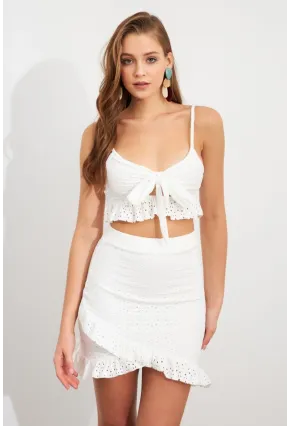 Kadın Beyaz Önü Bağlamalı Mini Etekli Takım LİT1088
