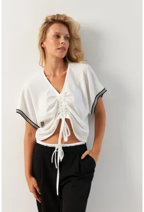 Kadın Beyaz Önü Büzgülü Bluz XL2039