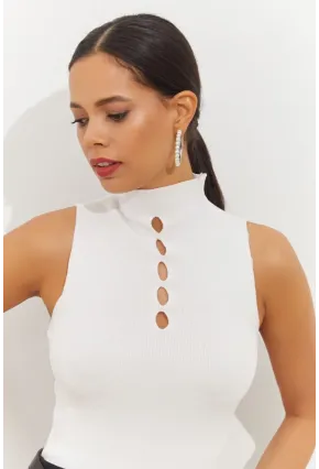 Kadın Beyaz Önü Damla Kolsuz Triko Bluz YV112