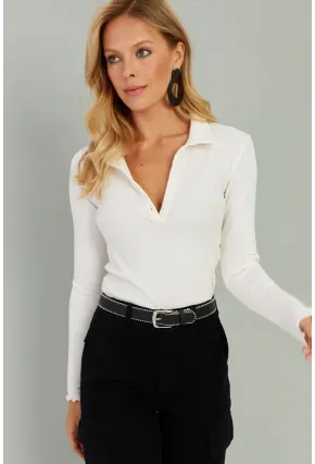 Kadın Beyaz Polo Yaka Fitilli Bluz TH1104