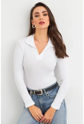 Kadın Beyaz Polo Yaka Kaşkorse Bluz LON3006