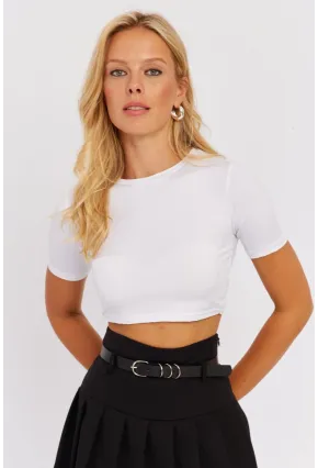 Kadın Beyaz Sırt Dekolteli Crop Bluz CY450